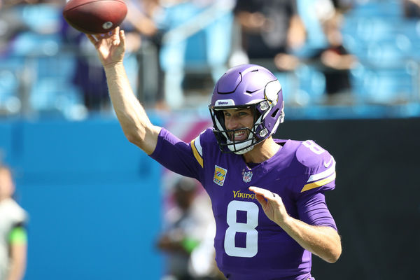 CHARLOTTE, NC - OCTOBER 01: Minnesota Vikings quarterback Kirk Cousins (8) during an NFL football game between the Minnesota Vikings and the Carolina Panthers on October 1, 2023 at Bank of America Stadium in Charlotte, N.C. (Photo by John Byrum/Icon Sportswire)