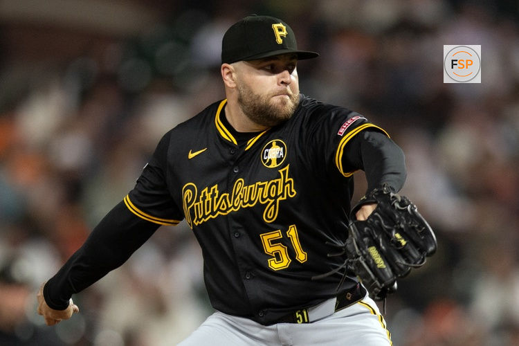 Jul 28, 2025; San Francisco, California, USA; Pittsburgh Pirates pitcher David Bednar (51) delivers a pitch against the San Francisco Giants during the ninth inning at Oracle Park. Credit: D. Ross Cameron-Imagn Images