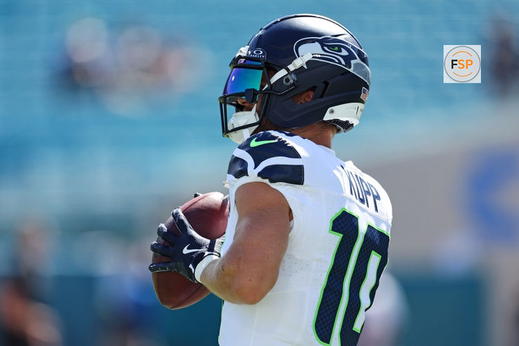 Oct 12, 2025; Jacksonville, Florida, USA; Seattle Seahawks wide receiver Cooper Kupp (10) warms up before the game against the Jacksonville Jaguars at EverBank Stadium. Credit: Morgan Tencza-Imagn Images