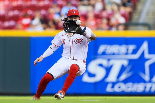 Aug 14, 2024; Cincinnati, Ohio, USA; Cincinnati Reds second baseman Jonathan India (6) grounds the ball hit by St. Louis Cardinals first baseman Paul Goldschmidt (not pictured) in the second inning at Great American Ball Park. Mandatory Credit: Katie Stratman-USA TODAY Sports