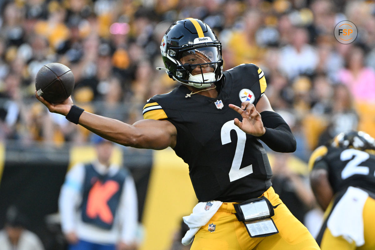 Aug 9, 2024; Pittsburgh, Pennsylvania, USA;  Pittsburgh Steelers quarterback Justin Fields (2) throws a pass against the Houston Texans during the first quarter at Acrisure Stadium. Credit: Barry Reeger-USA TODAY Sports