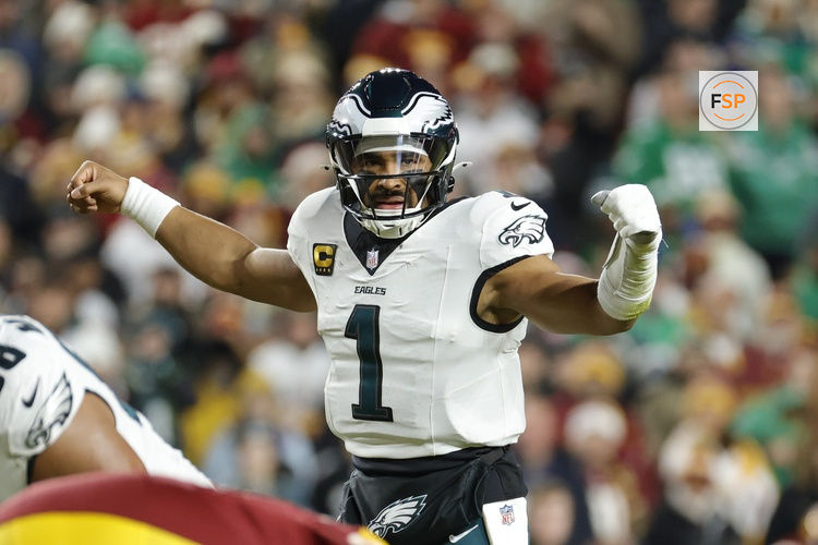 Dec 20, 2025; Landover, Maryland, USA; Philadelphia Eagles quarterback Jalen Hurts (1) gestures from the field during the first half against the Washington Commanders at Northwest Stadium. Credit: Amber Searls-Imagn Images