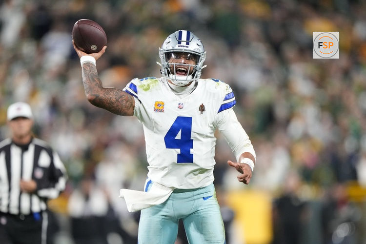 Oct 18, 2026; Green Bay, Wisconsin, USA;  Dallas Cowboys quarterback Dak Prescott (4) during the game against the Green Bay Packers at Lambeau Field. Credit: Jeff Hanisch-Imagn Images