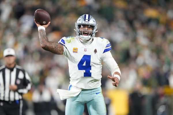 Oct 18, 2026; Green Bay, Wisconsin, USA;  Dallas Cowboys quarterback Dak Prescott (4) during the game against the Green Bay Packers at Lambeau Field. Mandatory Credit: Jeff Hanisch-Imagn Images