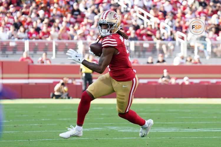 Aug 9, 2025; Santa Clara, California, USA;  San Francisco 49ers wide receiver Demarcus Robinson (5) makes a reception in the first quarter against the Denver Broncos at Levi's Stadium. Credit: David Gonzales-Imagn Images