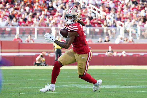 Aug 9, 2025; Santa Clara, California, USA;  San Francisco 49ers wide receiver Demarcus Robinson (5) makes a reception in the first quarter against the Denver Broncos at Levi's Stadium. Mandatory Credit: David Gonzales-Imagn Images