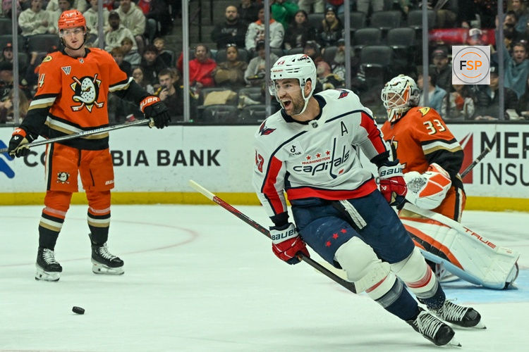 Dec 5, 2025; Anaheim, California, USA; Washington Capitals right wing Tom Wilson (43) celebrates after scoring the first goal during the first period at Honda Center. Credit: Griffin Hooper-Imagn Images