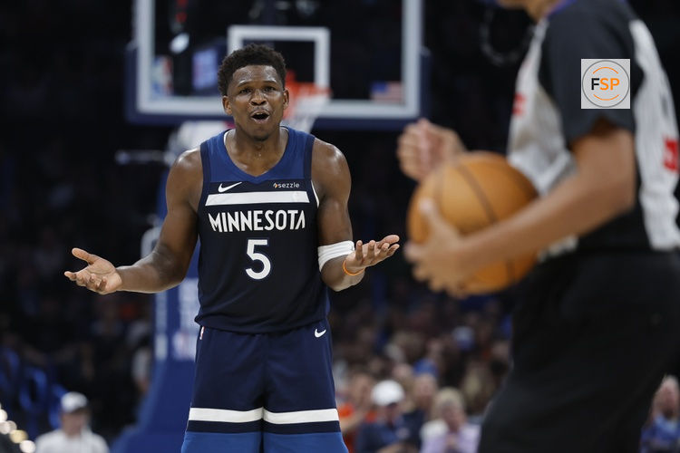 Mar 15, 2026; Oklahoma City, Oklahoma, USA; Minnesota Timberwolves guard Anthony Edwards (5) reacts after a call against him by an official during the second half against the Oklahoma City Thunder at Paycom Center. Credit: Alonzo Adams-Imagn Images