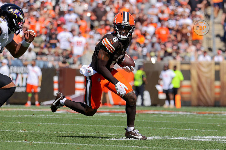 CLEVELAND, OH - OCTOBER 01: Cleveland Browns wide receiver Elijah Moore (8) runs the football during the first quarter of the National Football League game between the Baltimore Ravens and Cleveland Browns on October 1, 2023, at Cleveland Browns Stadium in Cleveland, OH. (Photo by Frank Jansky/Icon Sportswire)