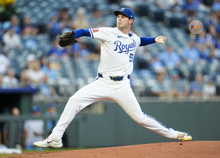 Sep 17, 2024; Kansas City, Missouri, USA; Kansas City Royals starting pitcher Cole Ragans (55) pitches during the first inning against the Detroit Tigers at Kauffman Stadium. Credit: Jay Biggerstaff-Imagn Images