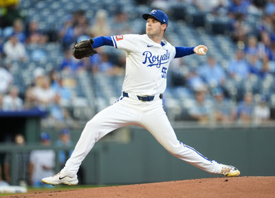 Sep 17, 2024; Kansas City, Missouri, USA; Kansas City Royals starting pitcher Cole Ragans (55) pitches during the first inning against the Detroit Tigers at Kauffman Stadium. Mandatory Credit: Jay Biggerstaff-Imagn Images