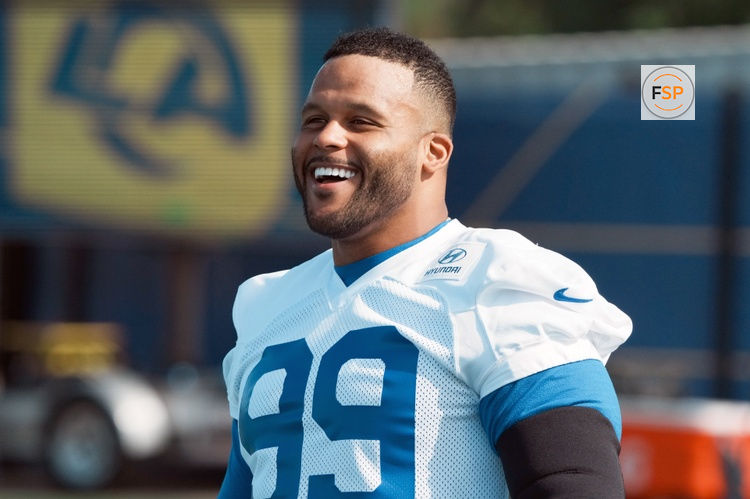 Aug 30, 2026; Woodland Hills, CA, USA; Los Angeles Rams defensive end Aaron Donald (99) at practice at the Rams Practice Facility.  Credit: Kirby Lee-Imagn Images