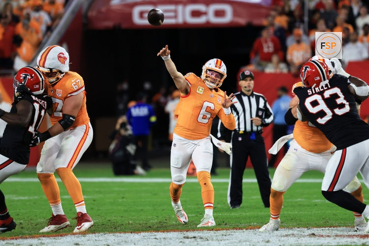 Dec 11, 2025; Tampa, Florida, USA; Tampa Bay Buccaneers quarterback Baker Mayfield (6) throws a pass against the Atlanta Falcons during the second quarter at Raymond James Stadium. Credit: Kim Klement Neitzel-Imagn Images
