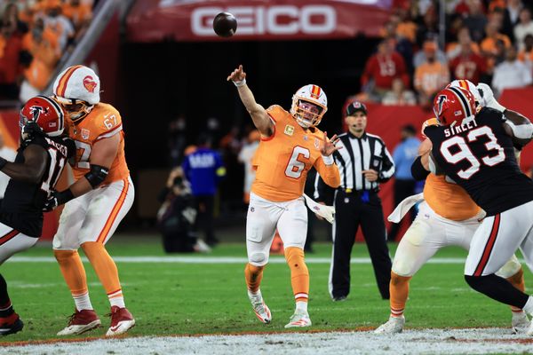 Dec 11, 2025; Tampa, Florida, USA; Tampa Bay Buccaneers quarterback Baker Mayfield (6) throws a pass against the Atlanta Falcons during the second quarter at Raymond James Stadium. Mandatory Credit: Kim Klement Neitzel-Imagn Images