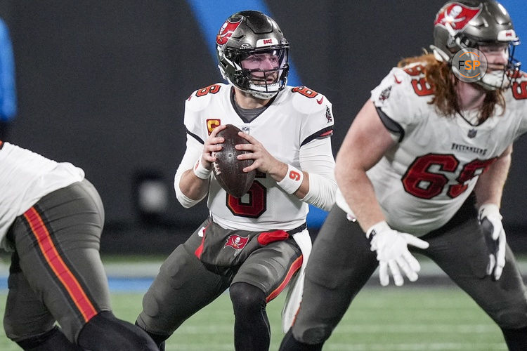 Dec 1, 2024; Charlotte, North Carolina, USA; Tampa Bay Buccaneers quarterback Baker Mayfield (6) drops back to pass during the second half against the Carolina Panthers at Bank of America Stadium. Credit: Jim Dedmon-Imagn Images