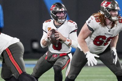 Dec 1, 2024; Charlotte, North Carolina, USA; Tampa Bay Buccaneers quarterback Baker Mayfield (6) drops back to pass during the second half against the Carolina Panthers at Bank of America Stadium. Mandatory Credit: Jim Dedmon-Imagn Images