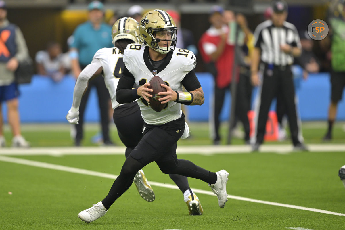 Oct 27, 2024; Inglewood, California, USA;  New Orleans Saints quarterback Spencer Rattler (18) looks to pass in the first down in the first half against the Los Angeles Chargers at SoFi Stadium. Credit: Jayne Kamin-Oncea-Imagn Images