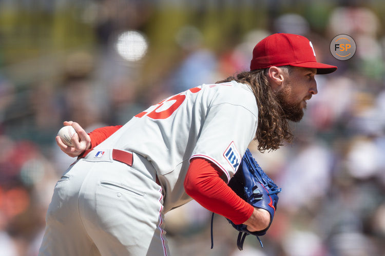 May 25, 2025; West Sacramento, California, USA; Philadelphia Phillies pitcher Matt Strahm (25) looks in for the sign while pitch against the Athletics during the ninth inning at Sutter Health Park. Credit: D. Ross Cameron-Imagn Images