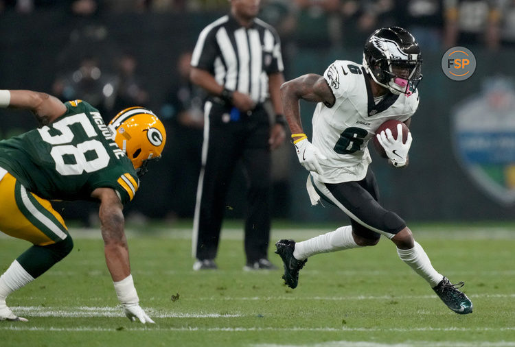 Sep 6, 2024; Sao Paulo, BRA; Philadelphia Eagles wide receiver DeVonta Smith (6) runs after a catch during the first quarter against the Green Bay Packers at Neo Quimica Arena. Credit: Kirby Lee-Imagn Images