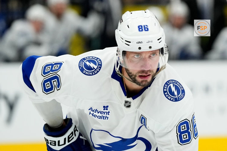 Oct 20, 2026; Las Vegas, Nevada, USA;  Tampa Bay Lightning right wing Nikita Kucherov (86) looks on against the Vegas Golden Knights in the second period at T-Mobile Arena.  Credit: Candice Ward-Imagn Images