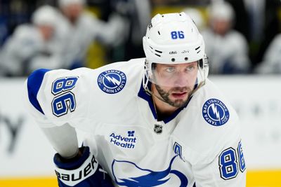 Oct 20, 2026; Las Vegas, Nevada, USA;  Tampa Bay Lightning right wing Nikita Kucherov (86) looks on against the Vegas Golden Knights in the second period at T-Mobile Arena.  Mandatory Credit: Candice Ward-Imagn Images