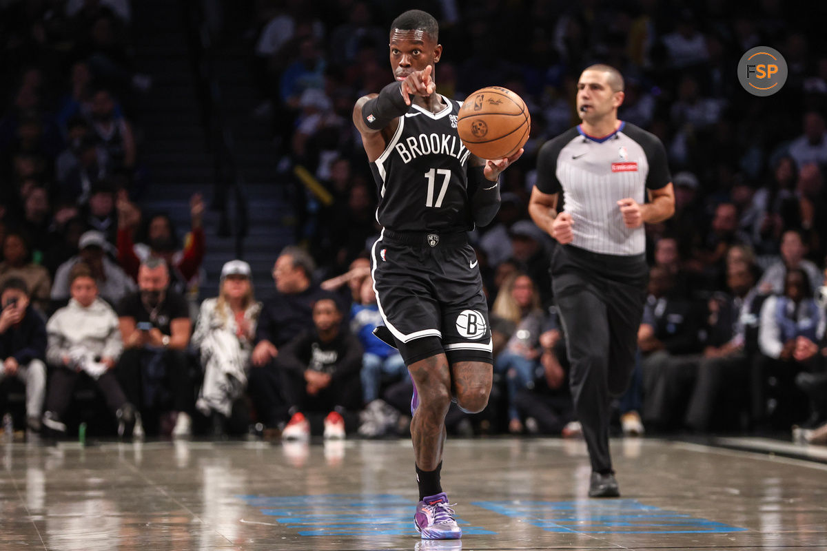 Oct 27, 2024; Brooklyn, New York, USA;  Brooklyn Nets guard Dennis Schroder (17) brings the ball up court in the fourth quarter against the Milwaukee Bucks at Barclays Center. Credit: Wendell Cruz-Imagn Images