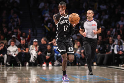 Oct 27, 2024; Brooklyn, New York, USA;  Brooklyn Nets guard Dennis Schroder (17) brings the ball up court in the fourth quarter against the Milwaukee Bucks at Barclays Center. Mandatory Credit: Wendell Cruz-Imagn Images