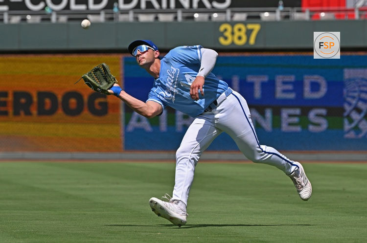 Jun 26, 2025; Kansas City, Missouri, USA;  Kansas City Royals right fielder Jac Caglianone (14) catches a fly ball in the ninth inning against the Tampa Bay Rays at Kauffman Stadium. Credit: Peter Aiken-Imagn Images