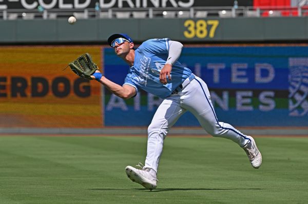Jun 26, 2025; Kansas City, Missouri, USA;  Kansas City Royals right fielder Jac Caglianone (14) catches a fly ball in the ninth inning against the Tampa Bay Rays at Kauffman Stadium. Mandatory Credit: Peter Aiken-Imagn Images