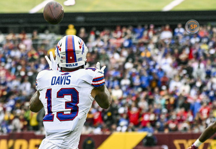 LANDOVER, MD - SEPTEMBER 24: Buffalo Bills wide receiver Gabe Davis (13) catches a touchdown  pass during the NFL game between the Buffalo Bills and the Washington Commanders on September 24, 2023 at Fed Ex Field in Landover, MD.  (Photo by Mark Goldman/Icon Sportswire)