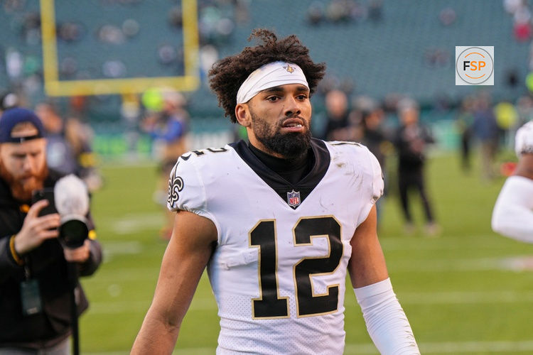 PHILADELPHIA, PA - JANUARY 01: New Orleans Saints wide receiver Chris Olave (12) looks on during the game between the New Orleans Saints and the Philadelphia Eagles on January 1, 2023 at Lincoln Financial Field in Philadelphia, PA. (Photo by Andy Lewis/Icon Sportswire)