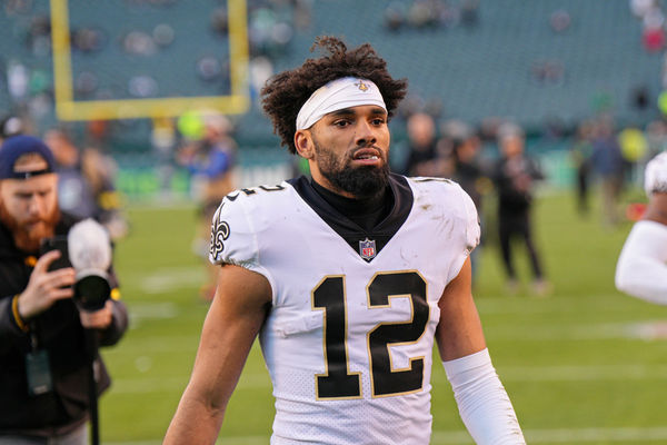 PHILADELPHIA, PA - JANUARY 01: New Orleans Saints wide receiver Chris Olave (12) looks on during the game between the New Orleans Saints and the Philadelphia Eagles on January 1, 2023 at Lincoln Financial Field in Philadelphia, PA. (Photo by Andy Lewis/Icon Sportswire)