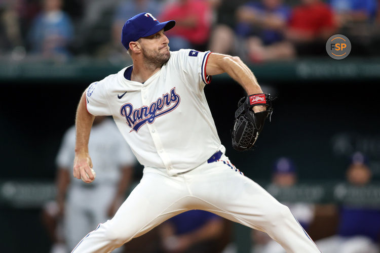 Jul 25, 2024; Arlington, Texas, USA; Texas Rangers pitcher Max Scherzer (31) strikes out Chicago White Sox designated hitter Eloy Jimenez (not pictured) to become 10th on the all-time strike out list in the second inning at Globe Life Field. Credit: Tim Heitman-USA TODAY Sports