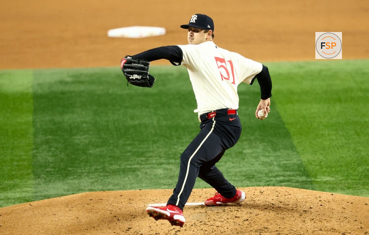 Sep 19, 2025; Arlington, Texas, USA;  Texas Rangers starting pitcher Tyler Mahle (51) throws during the fourth inning against the Miami Marlins at Globe Life Field. Credit: Kevin Jairaj-Imagn Images