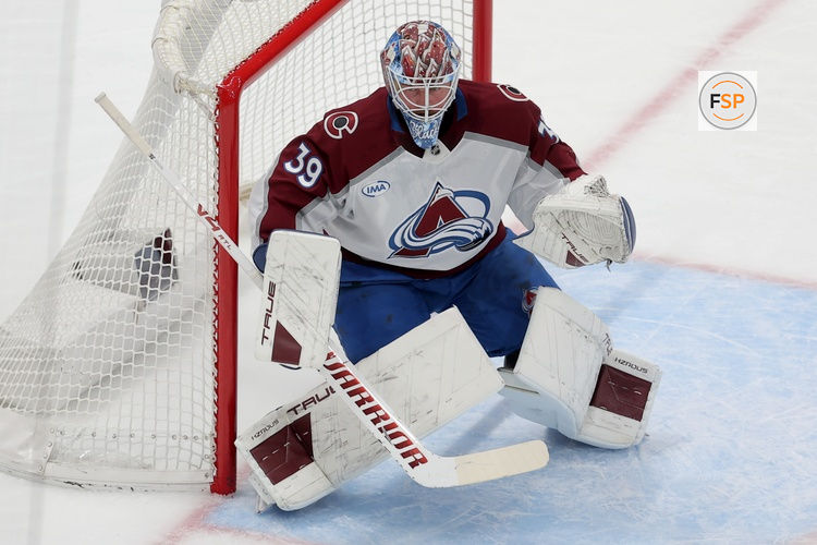Dec 4, 2025; Elmont, New York, USA; Colorado Avalanche goaltender Mackenzie Blackwood (39) tends net against the New York Islanders during the second period at UBS Arena. Credit: Brad Penner-Imagn Images