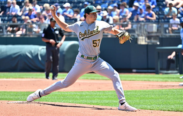 KANSAS CITY, MO - MAY 07: Oakland Athletics starting pitcher Mason Miller (57) pitches in the first inning during an MLB game between the Oakland Athletics and the Kansas City Royals on May 07, 2023, at Kauffman Stadium, in Kansas City,  MO. (Photo by Keith Gillett/Icon Sportswire)