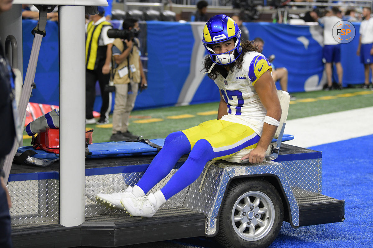 Sep 8, 2024; Detroit, Michigan, USA; Los Angeles Rams wide receiver Puka Nacua (17) is carted off the field after being injured against the Detroit Lions in the first half at Ford Field. Credit: Lon Horwedel-Imagn Images