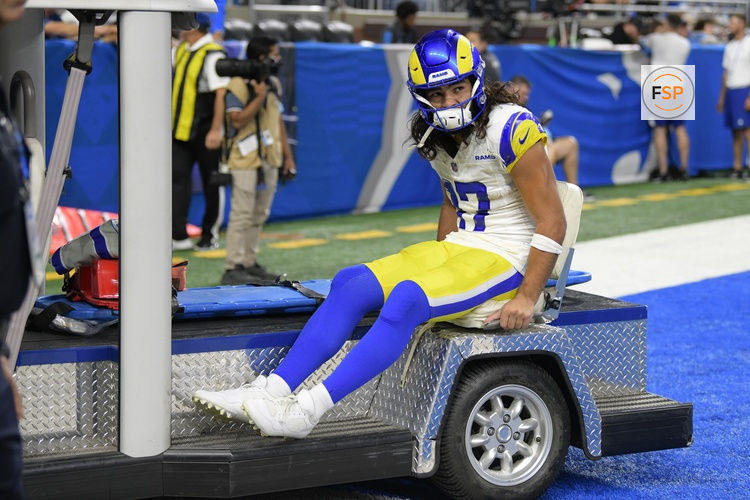 Sep 8, 2024; Detroit, Michigan, USA; Los Angeles Rams wide receiver Puka Nacua (17) is carted off the field after being injured against the Detroit Lions in the first half at Ford Field. Credit: Lon Horwedel-Imagn Images