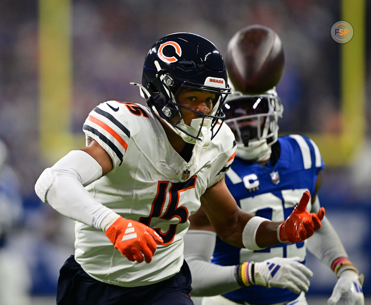 Sep 22, 2024; Indianapolis, Indiana, USA; Chicago Bears wide receiver Rome Odunze (15) looks at a pass that was overthrown during the first quarter against the Indianapolis Colts at Lucas Oil Stadium. Credit: Marc Lebryk-Imagn Images

