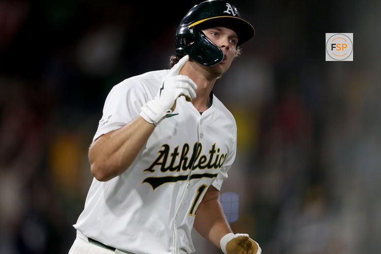 May 23, 2025; West Sacramento, California, USA; Athletics first baseman Nick Kurtz (16) reacts after hitting a three-run home run against the Philadelphia Phillies during the ninth inning at Sutter Health Park. Credit: Dennis Lee-Imagn Images