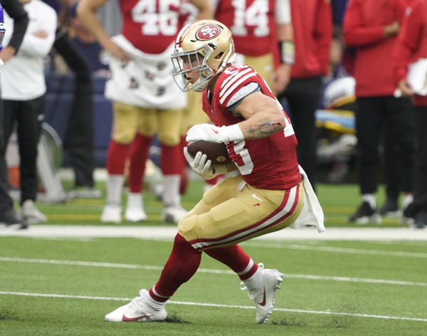 LOS ANGELES, CA - SEPTEMBER 17: Christian McCaffrey #23 of the 49ers during the San Francisco 49ers game versus the Los Angeles Rams on September 17, 2023, at Sofi Stadium in Inglewood, CA. (Photo by Kevin Reece/Icon Sportswire)