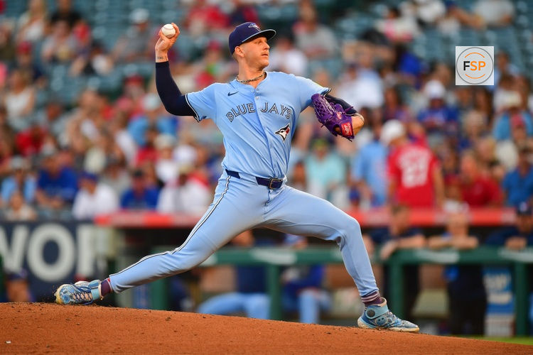 Aug 12, 2024; Anaheim, California, USA; Toronto Blue Jays pitcher Bowden Francis (44) throws against the Los Angeles Angels during the second inning at Angel Stadium. Credit: Gary A. Vasquez-USA TODAY Sports