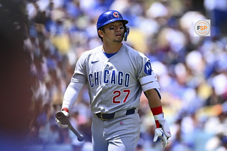 Apr 26, 2026; Los Angeles, California, USA; Chicago Cubs right fielder Seiya Suzuki (27) reacts after striking out in the first inning against the Los Angeles Dodger  at Dodger Stadium. Credit: Jonathan Hui-Imagn Images