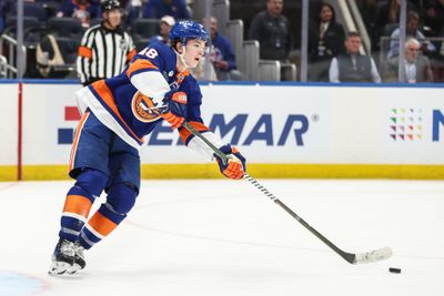 Apr 9, 2026; Elmont, New York, USA;  New York Islanders defenseman Matthew Schaefer (48) plays the puck in the third period against the Toronto Maple Leafs at UBS Arena. Mandatory Credit: Wendell Cruz-Imagn Images