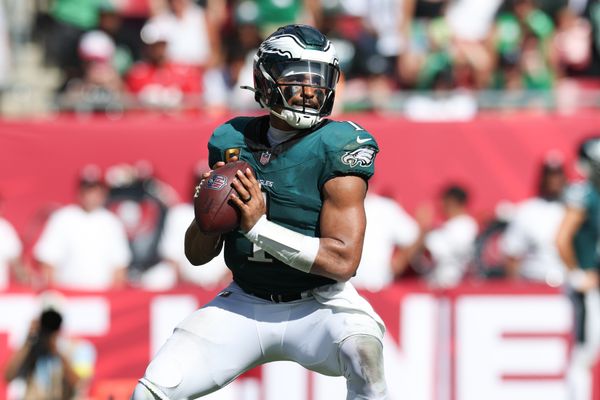 Sep 28, 2025; Tampa, Florida, USA; Philadelphia Eagles quarterback Jalen Hurts (1) prepares to throw the ball during the fourth quarter against the Tampa Bay Buccaneers at Raymond James Stadium. Mandatory Credit: Nathan Ray Seebeck-Imagn Images