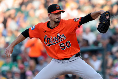 Jun 7, 2025; West Sacramento, California, USA; Baltimore Orioles starting pitcher Charlie Morton (50) throws a pitch against the Athletics during the first inning at Sutter Health Park. Mandatory Credit: Dennis Lee-Imagn Images