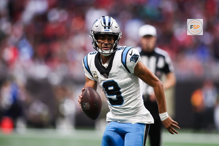 Nov 16, 2025; Atlanta, Georgia, USA; Carolina Panthers quarterback Bryce Young (9) runs with the ball in the third quarter against the Atlanta Falcons at Mercedes-Benz Stadium. Credit: Brett Davis-Imagn Images