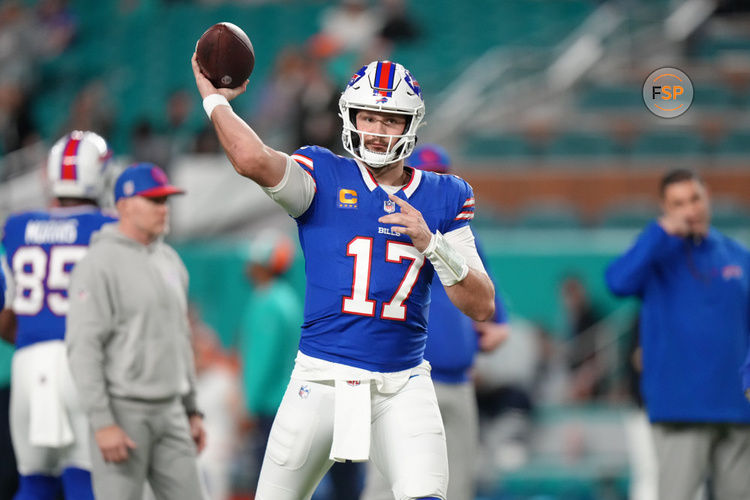 MIAMI GARDENS, FL - JANUARY 07: Buffalo Bills quarterback Josh Allen (17) warms up before the game between the Buffalo Bills and the Miami Dolphins on Sunday, January 7, 2024 at Hard Rock Stadium, Miami Gardens, Fla. (Photo by Peter Joneleit/Icon Sportswire)