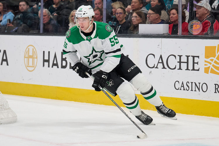 Feb 8, 2025; San Jose, California, USA; Dallas Stars defenseman Thomas Harley (55) skates with the puck against the San Jose Sharks during the first period at SAP Center at San Jose. Credit: Robert Edwards-Imagn Images