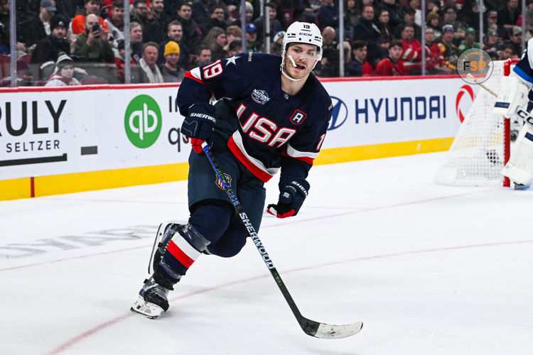 Feb 13, 2025; Montreal, Quebec, CAN; [Imagn Images direct customers only] Team USA forward Matthew Tkachuk (19) skates against Team Finland in the third period during a 4 Nations Face-Off ice hockey game at Bell Centre. Credit: David Kirouac-Imagn Images